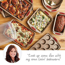 Load image into Gallery viewer, Rachael Ray 52410 Cucina Nonstick Bakeware Set with Baking Pans, Baking Sheets, Cookie Sheets, Cake Pan, Muffin Pan and Bread Pan - 10 Piece, Latte Brown with Cranberry Red Grip