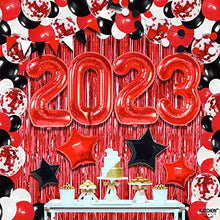 Load image into Gallery viewer, Huge, Happy New Year Decorations 2023 - Pack of 132 | Red 2023 Balloons, New Years Eve Party Supplies 2023 | New Years Balloon Garland | Red Fringe New Years Backdrop, Red and Black Party Decorations