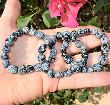 Load image into Gallery viewer, CHARGED Snowflake Obsidian Crystal Bracelet Polished Stretchy + Selenite Heart Charging Crystal (PERFECT GROUNDING PROMOTES SELF-ESTEEM, CONFIDENCE, COURAGE DISSOLVES ANGER & FEAR HEALING ENERGY)