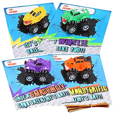 Load image into Gallery viewer, JOYIN 16 Pack Valentines Day Gift Cards With Gift Pull Back Monster Truck Toys for Valentine's Classroom Exchange Prizes Valentine Party Favor Toys