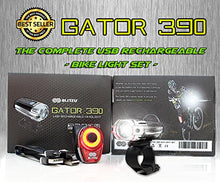 Load image into Gallery viewer, BLITZU Gator 390 USB Rechargeable LED Bike Light Set, Bicycle Headlight Front & Free Rear Back Tail Light. Waterproof, Easy to Install for Kids Men Women Road Cycling Safety Commuter Flashlight Black