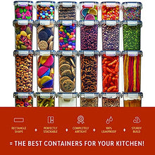 Load image into Gallery viewer, 24 Pack Airtight Food Storage Container Set - BPA Free Clear Plastic Kitchen and Pantry Organization Canisters with Durable Lids for Cereal, Dry Food Flour & Sugar - Labels, Marker & Spoon Set