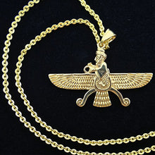 Load image into Gallery viewer, Asoodehdelan Large Double Sided Gold Pt Farvahar Necklace Iranian Gift Persian Iran Faravahar (18" Chain)