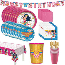 Load image into Gallery viewer, Party City Superstar Wonder Woman Birthday Tableware for 16 Guests, Superhero Plates, Napkins, Utensils, and Decorations