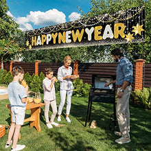 Load image into Gallery viewer, Xtralarge, Happy New Year Banner 2023 - 120x20 Inch | Happy New Years Yard Banner, Nye Decorations 2023 | Happy New Year Yard Sign | Happy New Year Decorations 2023, New Years Eve Party Supplies 2023