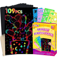 Load image into Gallery viewer, pigipigi Rainbow Scratch Paper Art - 109 Pcs Magic Scratch Off Craft Kit for Kids Color Drawing Note Pad Supply for Children Girls Boys DIY Party Favor Game Activity Birthday Christmas Toy Gift Set