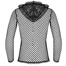 Load image into Gallery viewer, Alvivi Men's Sexy See Through Shirt Fishnet Mesh T-Shirt Long Sleeve Hoodie Undershirt Clubwear Black#Hooded XX-Large