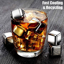 Load image into Gallery viewer, DERGUAM 8 Packs Fast-cooling 304 Stainless Steel Ice Cubes Whiskey Stones Whiskey Rocks With Nonslip Ice Tong&Wine Opener&Freezer Storage Tray Great for Whiskey,Wine,Beer,Juice or Soda