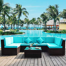 Load image into Gallery viewer, Merax 7 Pieces Patio, Weather PE Sectional Garden Furniture Corner Sofa Set for Backyard and Pool, Blue+Rattan