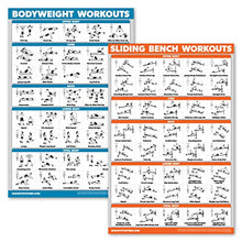 Load image into Gallery viewer, QuickFit 2 Pack - Sliding Bench Workouts & Bodyweight Exercise Poster Set - Compatible with Total Gym & Weider Ultimate Body Works (Laminated, 18" x 27")