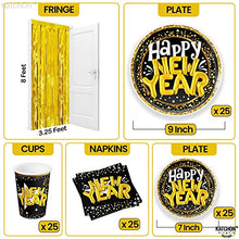 Load image into Gallery viewer, Huge, New Years Eve Party Supplies 2023 - Pack of 108 | Glitter Happy New Year Banner, 10 Feet Gold Foil Fringe Curtain | 40 Inch, 2023 Balloons Gold | New Years Plates and Napkins and Cups, Serves 25