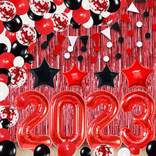 Load image into Gallery viewer, Huge, Happy New Year Decorations 2023 - Pack of 132 | Red 2023 Balloons, New Years Eve Party Supplies 2023 | New Years Balloon Garland | Red Fringe New Years Backdrop, Red and Black Party Decorations
