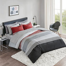 Load image into Gallery viewer, Comfort Spaces Colin 9 Piece Comforter Set All Season Microfiber Stripe Printed Bedding and Sheet with Two Side Pockets, Full, Red/Grey