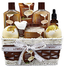 Load image into Gallery viewer, Bath and Body Gift Basket For Women and Men – 9 Piece Set of Vanilla Coconut Home Spa Set, Includes Fragrant Lotions, Extra Large Bath Bombs, Coconut Oil, Luxurious Bath Towel & More