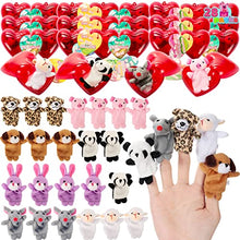 Load image into Gallery viewer, JOYIN 28 Packs Valentines Day Gift Cards Prefilled with Animal Finger Puppet and Heart Box Set for Kids Party Favors, Classroom Exchange Prizes, Valentine’s Greeting Cards