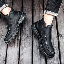 Load image into Gallery viewer, Govicta Leather Ankle Boots Hand Stitching Casual Loafers Boots for Men Slip On Driving Shoes Side Zipper Non Slip Comfy Black Regular Size 10.5