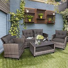 Load image into Gallery viewer, Tangkula 4 PCS Patio Wicker Conversation Furniture Set, Outdoor Rattan Sofa Set with Padded Cushion & Tempered Glass Coffee Table, Wicker Sectional Sofas & Table for Courtyard Balcony Garden (1, Grey)