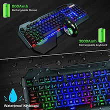 Load image into Gallery viewer, Gaming Keyboard Mouse & Mouse Pad Kit,3 in 1 Rainbow Backlit Rechargeable Wireless Keyboard Mouse with 3800mAh Battery Metal Panel Removable Hand Rest,RGB Gaming Mousepad(32.5x12inch),Gaming Mouse