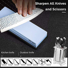 Load image into Gallery viewer, Complete Knife Sharpening Stone Set – Dual Grit Whetstone 400/1000 3000/8000 Premium Whetstone Knife Sharpener with Leather Strop, Flattening Stone, Bamboo Base, 3 Non-slip Rubber Bases & Angle Guide