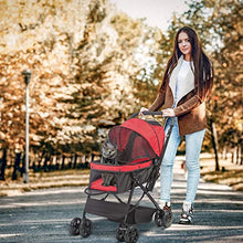 Load image into Gallery viewer, LONABR Folding Dog Stroller Travel Cage Stroller for Pet Cat Kitten Puppy Carriages - Large 4 Wheels Elite Jogger - Single or Multiple Pets (Red - 1 cage)