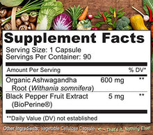 Load image into Gallery viewer, NATURELO Ashwagandha Organic Root Powder - Natural Herbs Supplement - Best for Mental Stress Relief, Mood Enhancer, Thyroid Support - with Black Pepper Extract - 90 Vegan Capsules