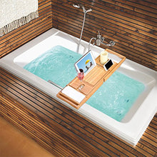 Load image into Gallery viewer, BOSSJOY Luxury Wood Bamboo Bathtub Bath Tub Caddy Tray with Extending Sides Built in Book Tablet Phone Wineglass Holder