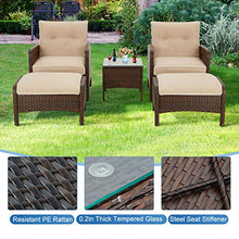 Load image into Gallery viewer, U-MAX 5 Pieces Patio Furniture Set Outdoor Chair and Ottoman Set with Cushions & Side Table, Brown PE Wicker Rattan Lawn Pool Balcony Backyard Conversation Lounge Set, White & Tan Cushion