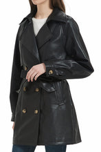 Load image into Gallery viewer, RISISSIDA Womens Faux Leather Trench Coats Mid Length, Vegan Pleather Long Jacket Double Breasted with Belt Black 22072 S