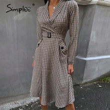 Load image into Gallery viewer, Simplee Elegant plaid office ladies dress A-line belt autumn winter work dress Fashion High street Vintage V-neck female dress