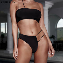 Load image into Gallery viewer, Leopard Women Padded Beachwear Irregular Thong Swimwear Wild Bandeau One Shoulder Bandage Solid Black Swimsuit Sexy Bikini Set