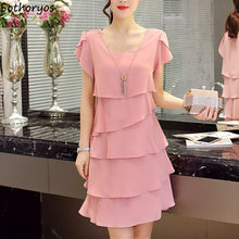 Load image into Gallery viewer, Chiffon Dress Women Summer Wave Cut Sweet Solid Short Sleeve Slim Casual Clothing Lady Plus Size M-5XL All-match Vestido Trendy