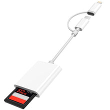 Load image into Gallery viewer, SD Card Reader for iPhone iPad, Dual USB-C &amp; Lightning Connector Memory SD Card Adapter, Support SD/MicroSD Cards, High-Speed Trail Camera Viewer, Plug and Play
