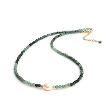 Load image into Gallery viewer, Gempires Emerald Beaded Necklace with Freshwater Pearl, Emerald Pearl Necklace, Choker Style, Party wear, Gift for Mom, Girlfriend, Wife, 14k Gold Plated 18 inch Adjustable Chain
