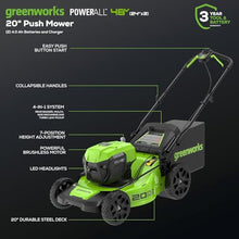 Load image into Gallery viewer, Greenworks 48V (24V x 2) 20" Brushless Cordless Lawn Mower + 12" String Trimmer + 320 CFM Leaf Blower Combo Kit with (2) 4.0Ah Batteries &amp; Dual Port Fast Charger
