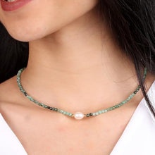 Load image into Gallery viewer, Gempires Emerald Beaded Necklace with Freshwater Pearl, Emerald Pearl Necklace, Choker Style, Party wear, Gift for Mom, Girlfriend, Wife, 14k Gold Plated 18 inch Adjustable Chain
