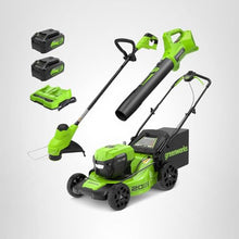 Load image into Gallery viewer, Greenworks 48V (24V x 2) 20" Brushless Cordless Lawn Mower + 12" String Trimmer + 320 CFM Leaf Blower Combo Kit with (2) 4.0Ah Batteries &amp; Dual Port Fast Charger
