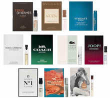 Load image into Gallery viewer, Men's Fragrance Samples for Men High end Designer perfume sample Lot X 12 Cologne Vials + Black Velvet Pouch
