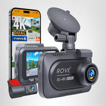 Load image into Gallery viewer, ROVE R2-4K DUAL Dash Cam Front and Rear, STARVIS 2 Sensor, FREE 128GB Card Included, 5G WiFi - up to 20MB/s Fastest Download Speed with App, 4K 2160P/FHD Dash Camera for Cars, 3" IPS, 24H Parking Mode

