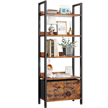 Load image into Gallery viewer, Furologee 5-Tier Bookshelf, Tall Bookcase with 2 Storage Drawers, Industrial Display Standing Shelf Units, Wood and Metal Storage Shelf for Living Room, Bedroom, Home Office, Rustic Brown
