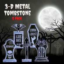 Load image into Gallery viewer, 3-D Metal Halloween Ghost Cemetery 17" Tombstones- Full Set of 5 w Stakes -Durable, Rustproof, UV Raised Printing-Upgrade Your Haunted House Mansion Cemetary Lawn Decor-No More Flimsy Foam Graveyards
