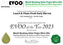 Load image into Gallery viewer, Laurel &amp; Flame Fresh - Extra Virgin Olive OIl - Polyphenol Rich (823 MG/KG) - USDA Organic - 56X Hydroxytyrosol Polyphenols - Early Harvest - Single Origin - Monovarietal - EVOO of the Year 2023 Award Winning - New Harvest - Cold Pressed (500 ml -16.9 fl
