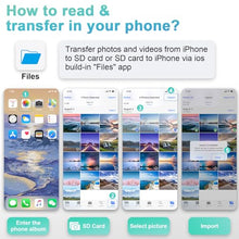 Load image into Gallery viewer, SD Card Reader for iPhone iPad, Dual USB-C &amp; Lightning Connector Memory SD Card Adapter, Support SD/MicroSD Cards, High-Speed Trail Camera Viewer, Plug and Play
