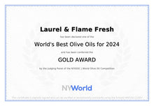 Load image into Gallery viewer, Laurel &amp; Flame Fresh - Extra Virgin Olive OIl - Polyphenol Rich (823 MG/KG) - USDA Organic - 56X Hydroxytyrosol Polyphenols - Early Harvest - Single Origin - Monovarietal - EVOO of the Year 2023 Award Winning - New Harvest - Cold Pressed (500 ml -16.9 fl
