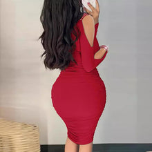 Load image into Gallery viewer, Women Rhinestone Cold Shoulder Ruched Cowl Neck Bodycon Midi Dress Sexy Elegant Vintage Party Cocktail Club Date Night Office Wear Red
