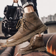 Load image into Gallery viewer, Men's Leather Lace Up Motorcycle Combat Boots Retro Round Toe lug sole Chukka Ankle Boots Casual Waterproof Oxford Dress Work Boot (black,8.5,8.5)

