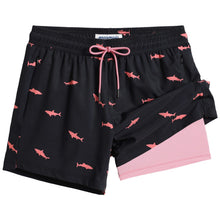 Load image into Gallery viewer, maamgic Mens Swim Trunks with Compression Liner 5" Stretch Beach Shorts Quick Dry with Zipper Pockets No-Chafing Board Shorts Black-Pink Shark M
