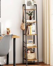 Load image into Gallery viewer, Hzuaneri Ladder Shelf, Bookshelf Bookcase, Freestanding Corner Storage Shelve with 2 Hooks for Home Office, Living Room, Kitchen, Bedroom, Industrial, 5-Tier Rustic Brown BC03201B
