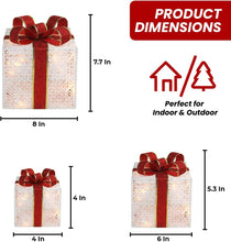 Load image into Gallery viewer, 3-Piece Lighted Gift Boxes - Pre Lit Christmas Decoration with Ribbons for Indoor/Outdoor Use (8in) - Weather Resistant Yard Home Decor with Warm UL Lights
