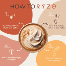 Load image into Gallery viewer, RYZE Mushroom Coffee | 6 Adaptogenic Mushrooms | USDA Organic | Instant Coffee | MCT Oil | USA Grown | Better Energy, Focus, Digestion, Immunity | Cordyceps, Lion’s Mane, Turkey Tail | 30 Servings
