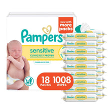 Load image into Gallery viewer, Pampers Sensitive Baby Wipes, Clinically Proven, Fragrance Free, Unscented, Water Based, Hypoallergenic, Multi-Use, Hand Wipes 1008 Wipes Total (18X Flip-Top Packs) [Packaging May Vary]
